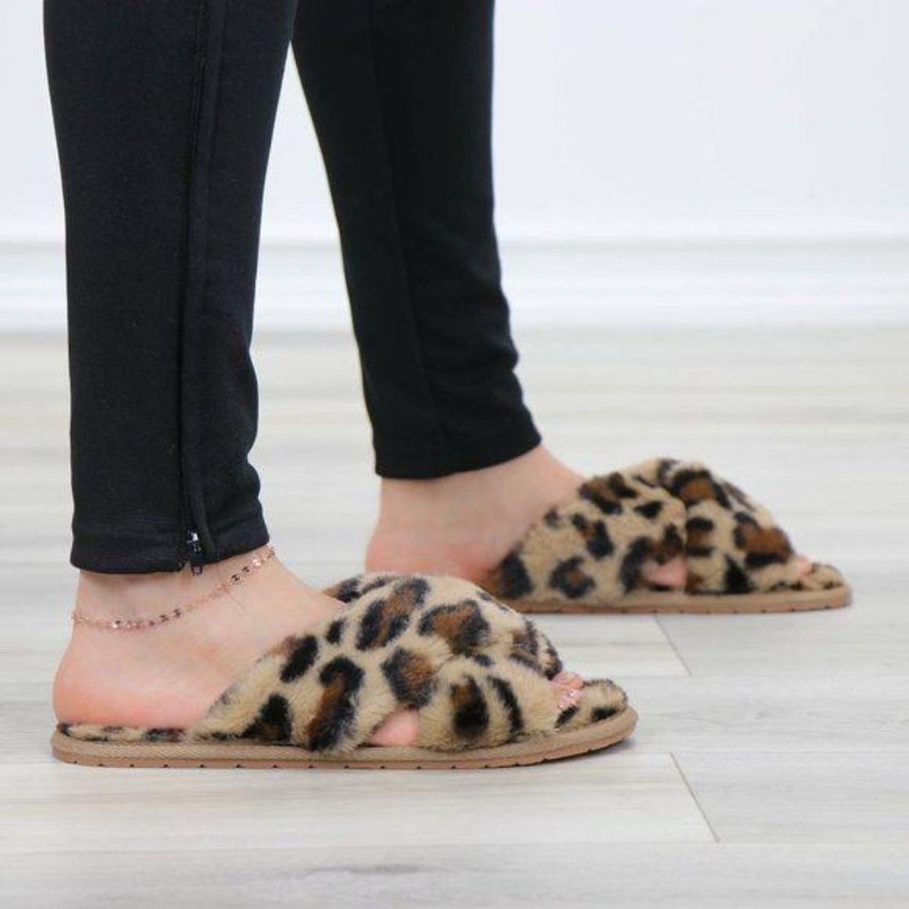 Leopard Fuzzy Furry Criss Cross Sandal Sliders - Picture 8 of 14